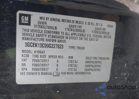 2009 Chevrolet Silverado 1500 Ls из США, поврежденный, VIN 3GCEK13C99G227823